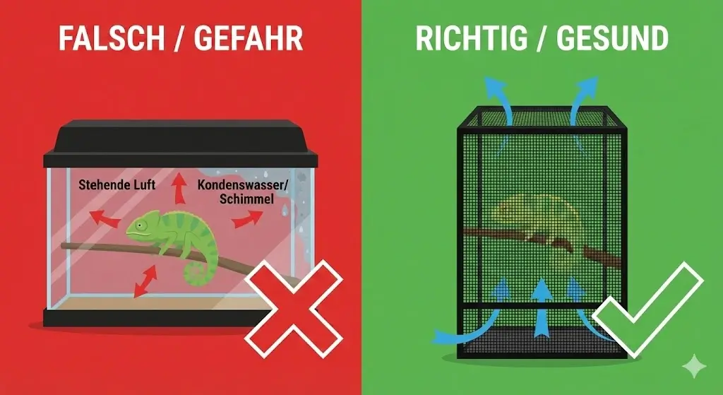 Infografik Vergleich: Glasterrarium (Gefahr durch Staunässe) gegen Gaze-Terrarium (Gesund durch Kamineffekt) für Chamäleons.