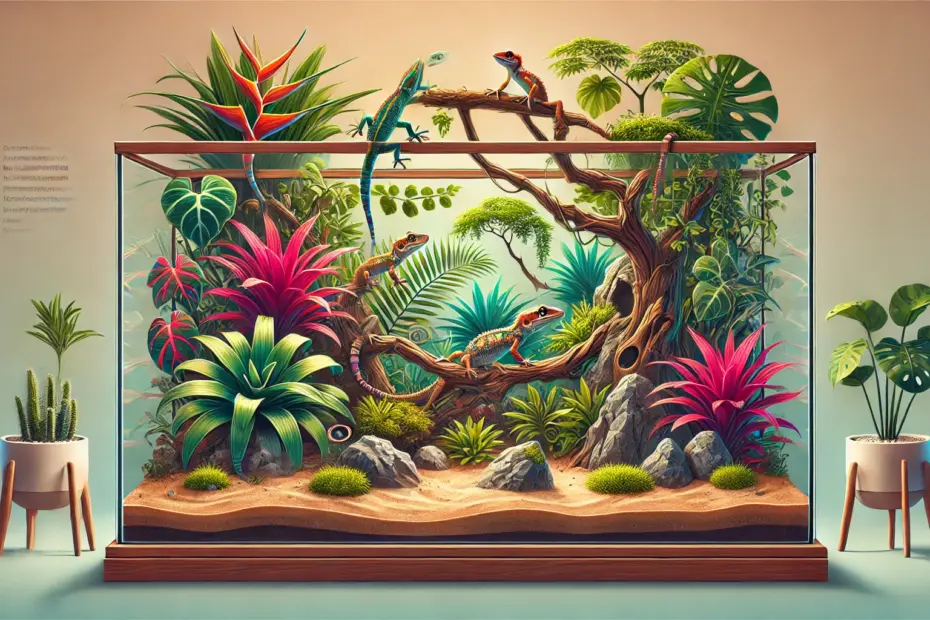 Guide zur Einrichtung von Terrarien. Ein Bild mit Reptilien darin.