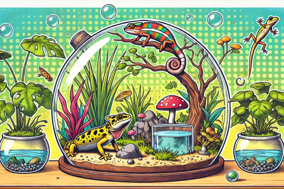 Comic-Illustration eines Terrariums mit Tieren wie Leopardgecko, Chamäleon und Frosch in natürlicher Umgebung mit Pflanzen und Felsen