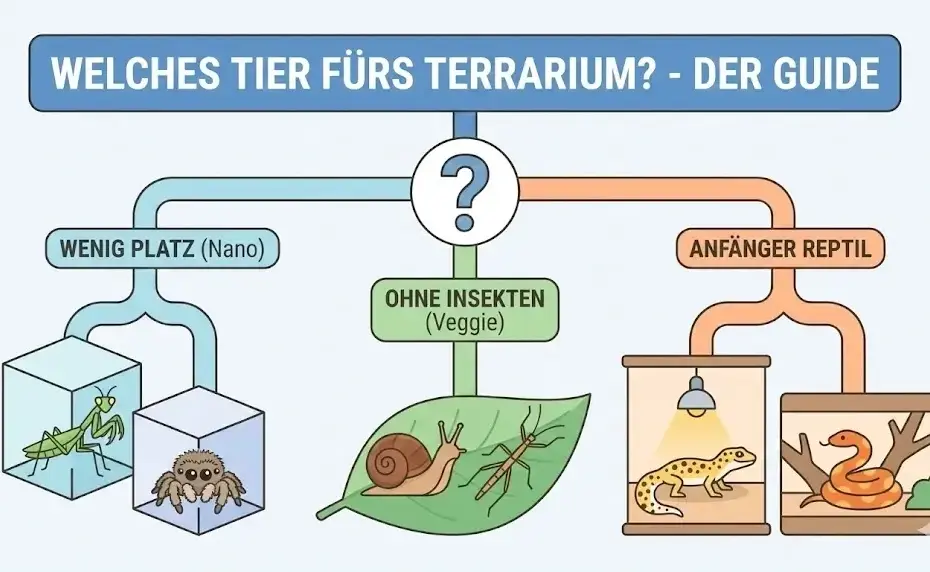 Infografik Entscheidungsbaum: Welches Tier fürs Terrarium? Auswahl nach wenig Platz (Nano), ohne Insektenfutter oder Anfänger-Reptilien.