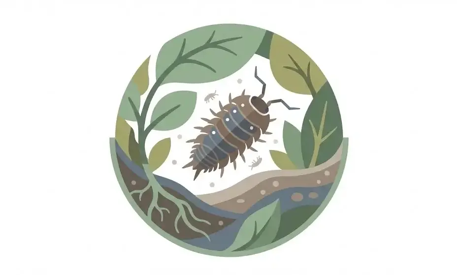 Grafische Darstellung der Bodenpolizei im Terrarium: Eine Assel und Springschwänze als Reinigungs-Crew im bioaktiven Kreislauf.