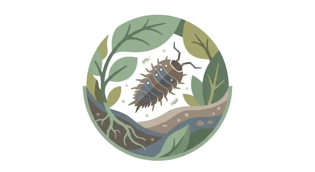 Grafische Darstellung der Bodenpolizei im Terrarium: Eine Assel und Springschwänze als Reinigungs-Crew im bioaktiven Kreislauf.