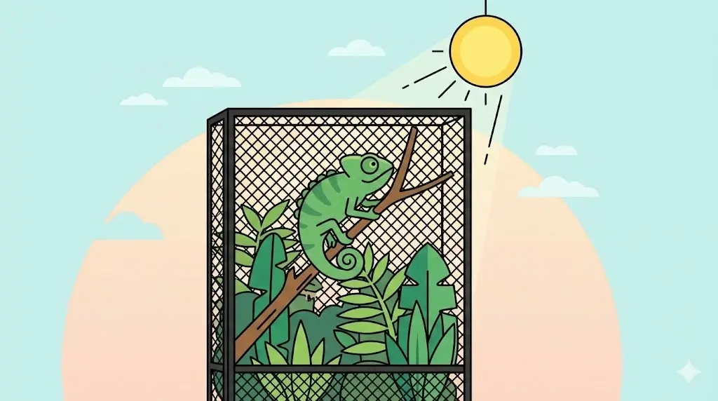 Illustration eines artgerechten Chamäleon Terrariums aus Gaze (Netz) mit Bepflanzung und UV-Lampe für Jemen- oder Pantherchamäleons.