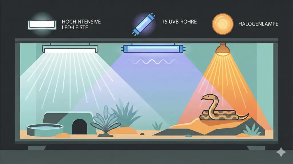 Infografik zum Solar Replicating Prinzip im Schlangenterrarium: LED, UVB und Wärmespots richtig kombiniert.
