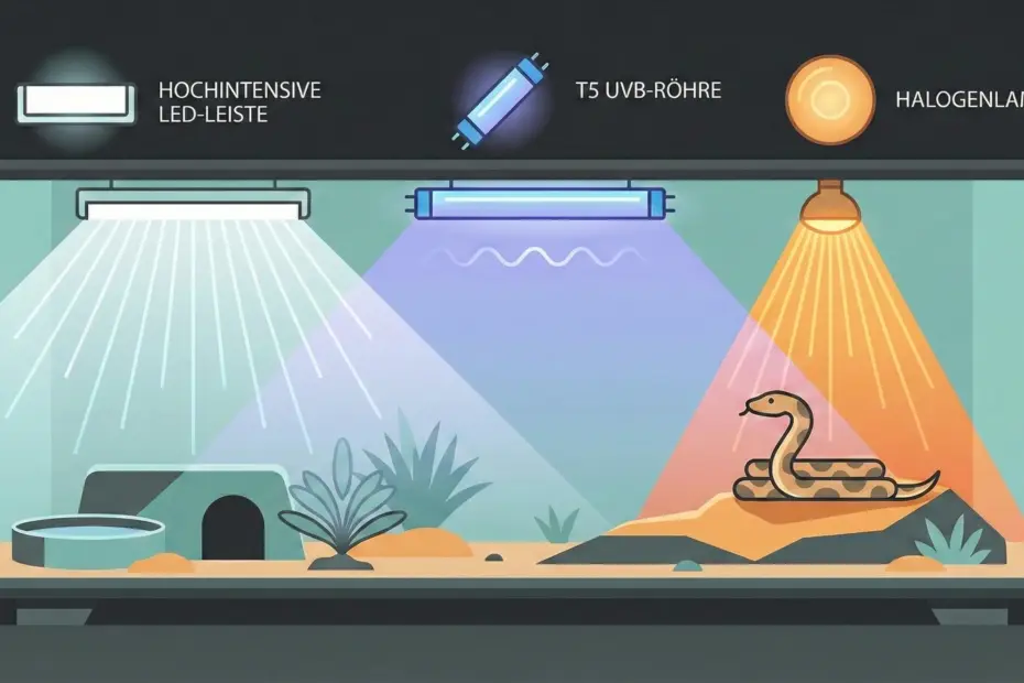 Infografik zum Solar Replicating Prinzip im Schlangenterrarium: LED, UVB und Wärmespots richtig kombiniert.