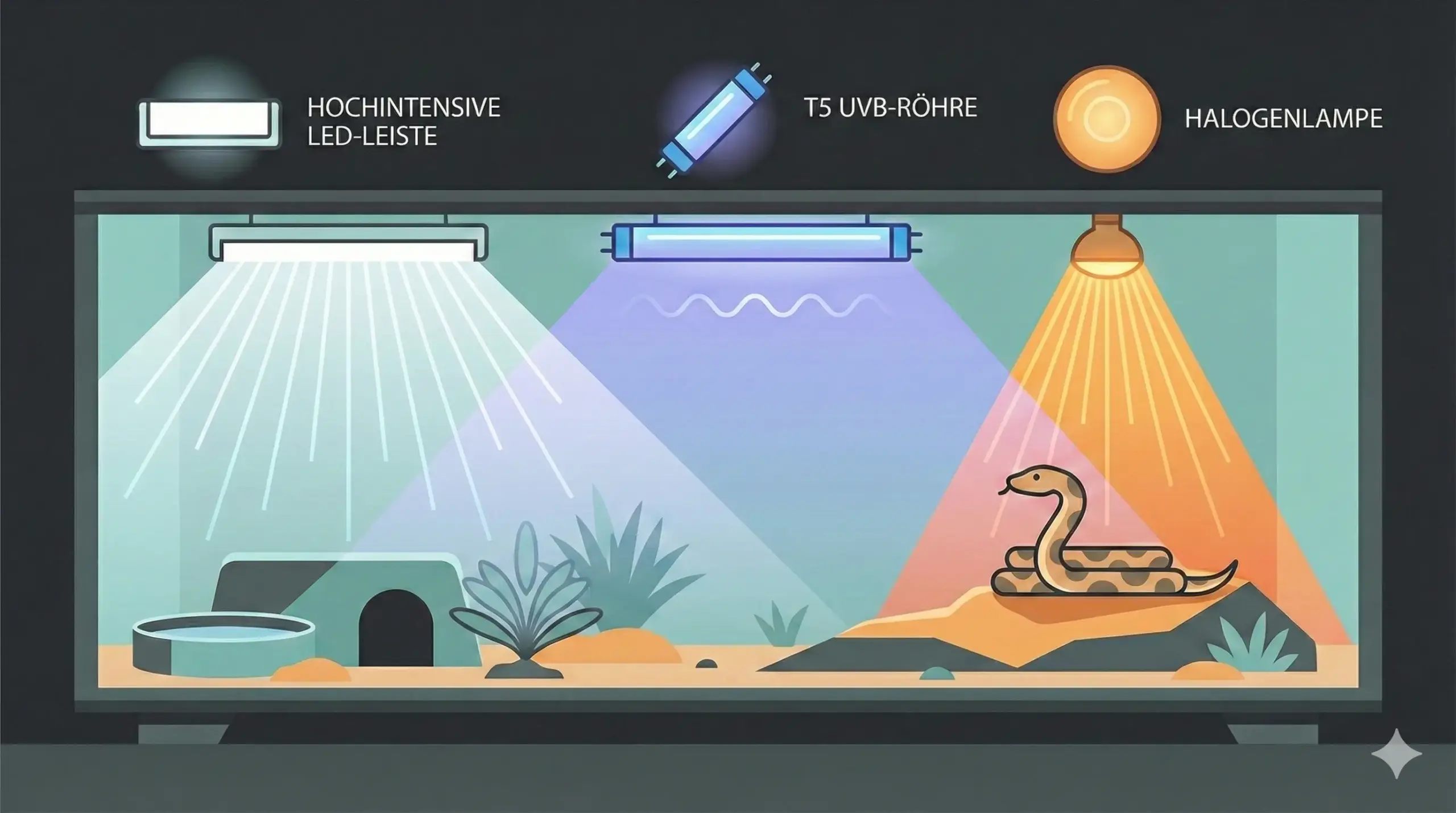 Infografik zum Solar Replicating Prinzip im Schlangenterrarium: LED, UVB und Wärmespots richtig kombiniert.