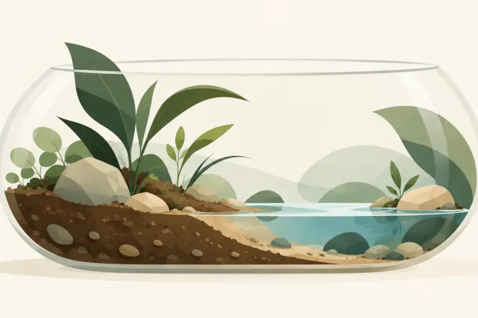 Illustration eines Behälters mit Land- und Wasserbereich, ohne Tiere.