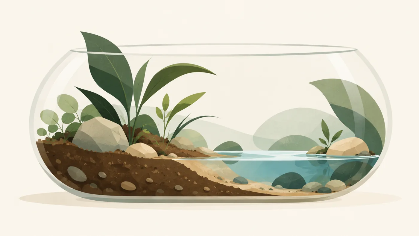 Illustration eines Behälters mit Land- und Wasserbereich, ohne Tiere.
