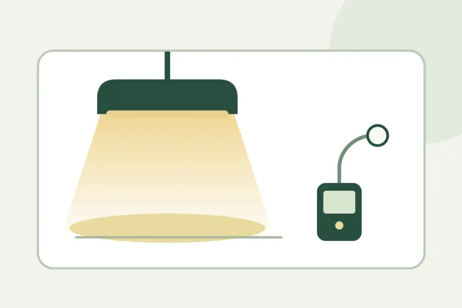 Stilisierte Lampe mit Lichtkegel und Messgerät ohne Messwertanzeige.